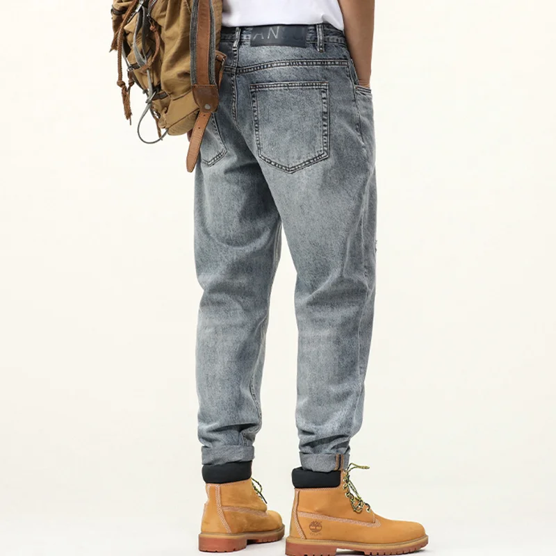 Men Clothing New Pattern Broken Patch Recreational Vintage Blue Jeans Straight Cylinder Large Loose Haren Pants Autumn Female