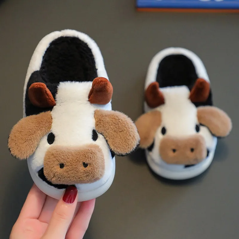 

House Funny Warm Girls Cow Children Kawaii Slippers Slipper Animal Cute Cartoon Slippers Kids Shoes Upgrate Milk Fluffy Winter