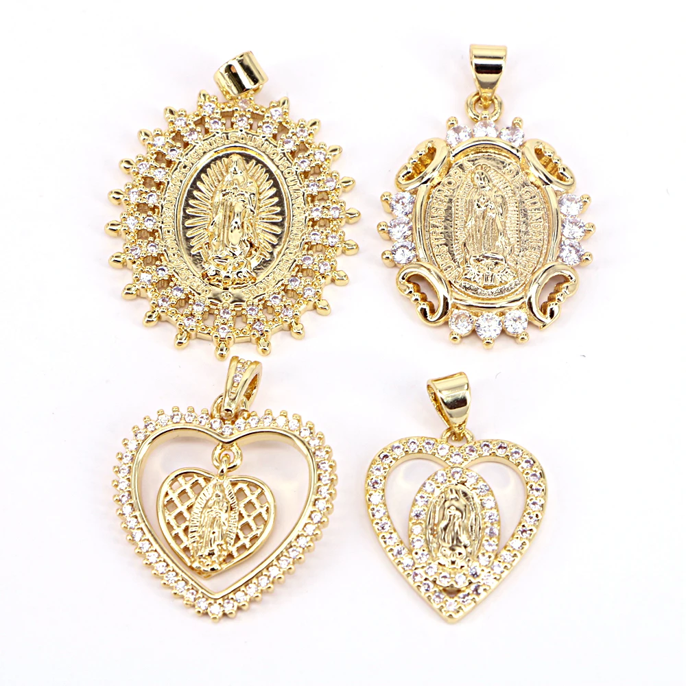 

10Pcs New Style Gold Virgin Mary On Heart Pendant, Crystal Zircon Pave Lady Guadalupe Religion Dainty Charm