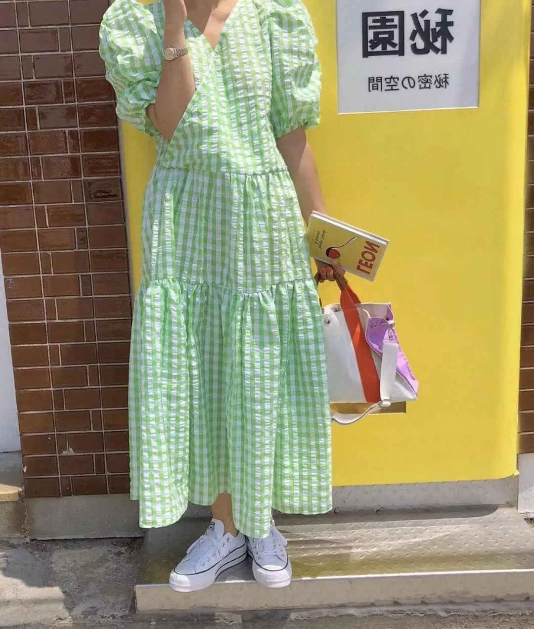 

Korean Chic Sweet Fresh V Neck Puff Short Sleeve Green Plaid Dress Women Long Loose Doll Girls Vestido De Mujer Clothing
