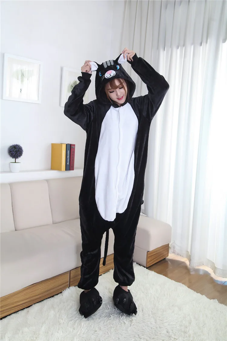

Animal Black Cat Onesies Flannel Pajama Adult Sleepwear Unisex Cosplay Costume Pyjamas Homewear For Carvinal