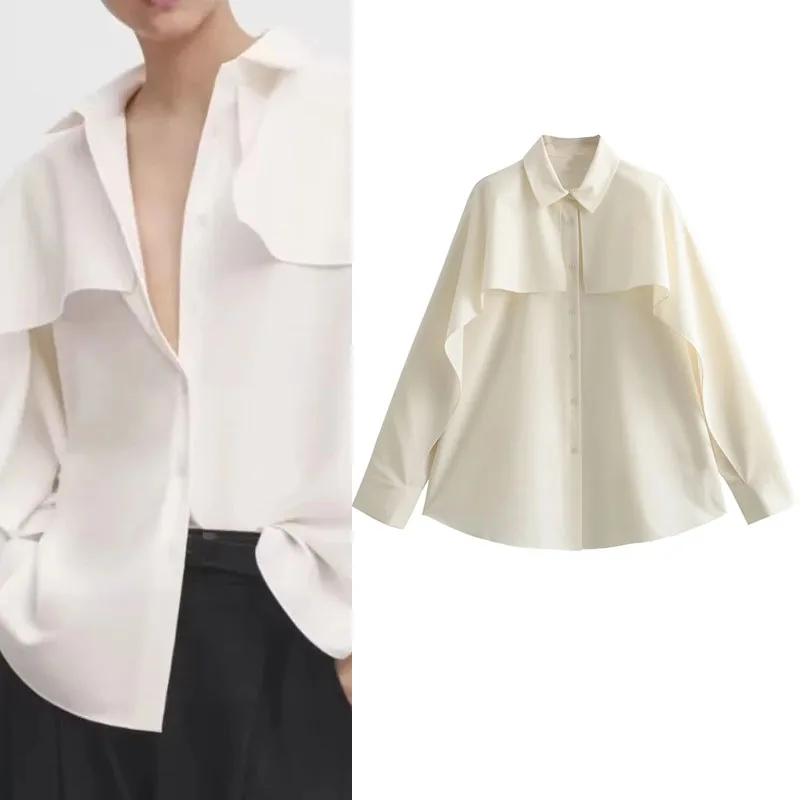 

TRAF Woman White Double Flowing Shirts Autumn Casual Lapel Long Sleeves Loose Blouses Fashion Minimalist Buttons Oversized Tops