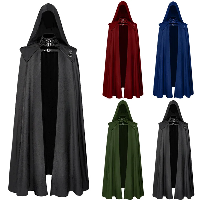 

Medieval Cloak Hooded Coat Men Assassin Cosplay Costume Vintage Gothic Buckled Stand Shoulder Knights Maxi Cape