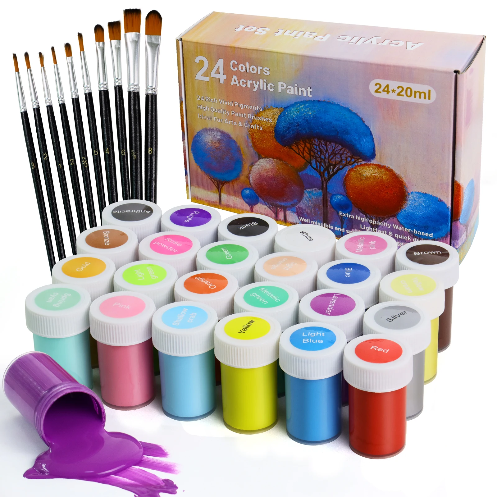 

24 Colors Acrylic Paint with 10 Brushes Supplies for Painting Canvas Rock Ceramic Fabric Art Painting Graffiti Gift paint set