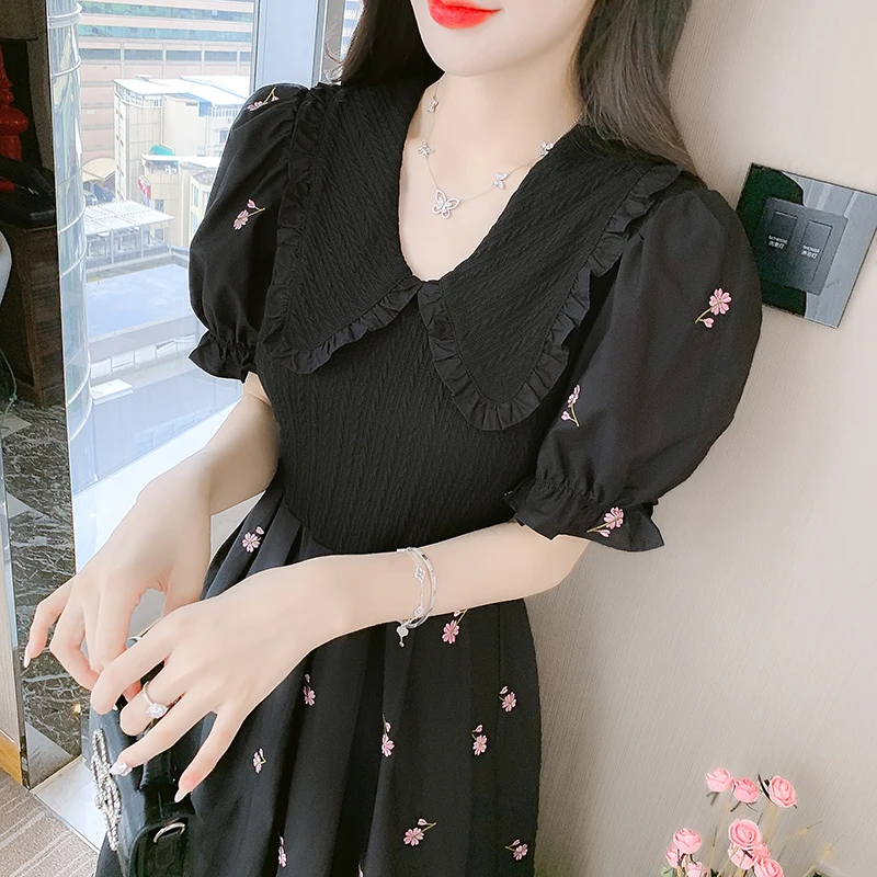 

COIGARSAM Long Dress Women Summer 2022 New French Style Floral Print Puff Sleeve Black Dresses Dropshipping