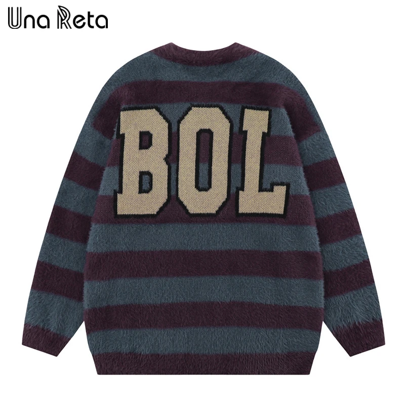 

Una Reta Sweater Men Pullovers Autumn Winter Harajuku Casual Long Sleeve Knitwears Tops Stripe Print Unisex Sweaters