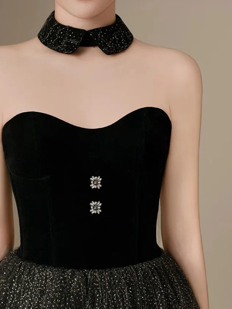 DEAT Элегантное платье без бретелек в стиле пэчворк с марлевыми пуговицами и