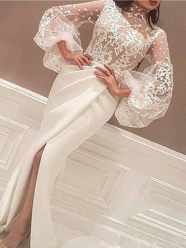 

Sexy Evening Party Night Long Dress Women Clothes Turtleneck Empire Floor-Length Embroidery Banquet Wedding Prom Elegant Dresses