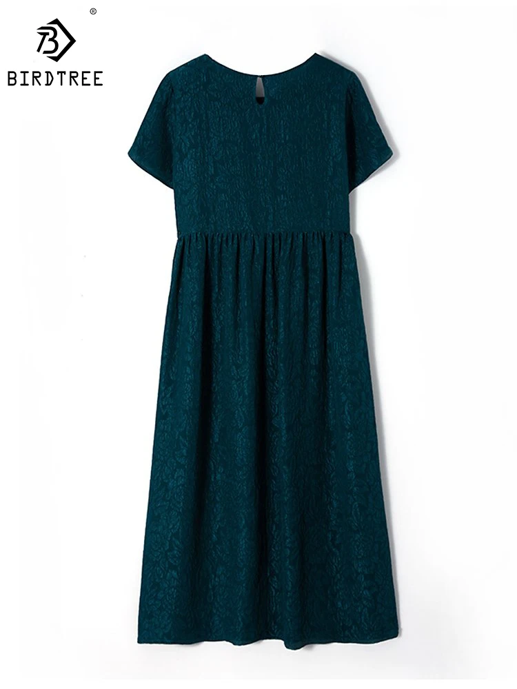 Birdtree 100%Pure Silk Dress Women Jacquard Solid A Line Empire Dresses Big Hem O Neck Chic Clothes 2023 Spring Summer D34835C