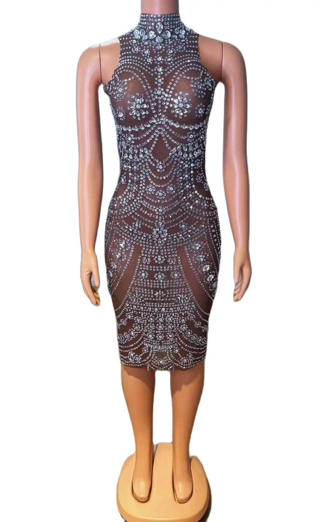 

Singer Hosts Sexy And Translucent MeshWater Diamond Stretch Baa Buttocks ShortSkirt Dress Performance Stage Woman