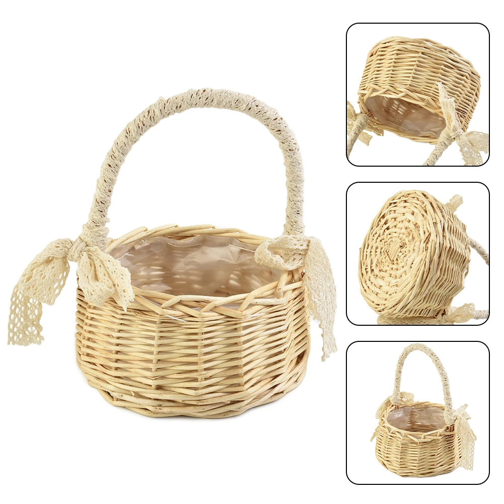 

Fresh Rattan Storage Basket Picnic Flower Wedding Gifts Flower Basket Wicker Hand Weaving Crafts With Lace Decoration Handle