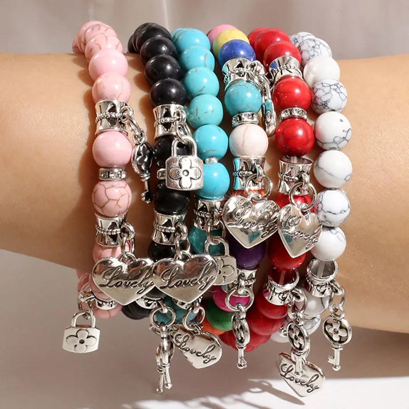 6 шт./набор Женские многослойные браслеты с БИРЮЗОВЫМИ камнями