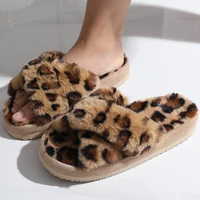 comwarm women plush slippers autumn and winter warm platform fuzzy slippers leopard print cross band indoor home floor flip flop