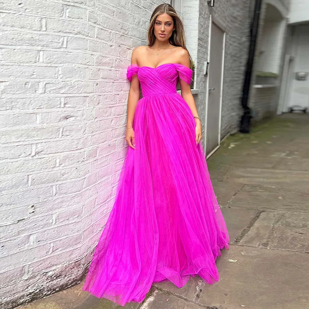 

Hot Pink Tulle Evening Dress for Women 2022 A Line Sweetheart Evening Gown Off Shoulder Pleated Backless Homecoming Dress Long