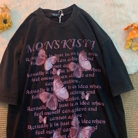 cotton american retro sweet cool butterfly alphabet printed couple tshirts soft goth aesthetic harajuku shirt y2k fashion top