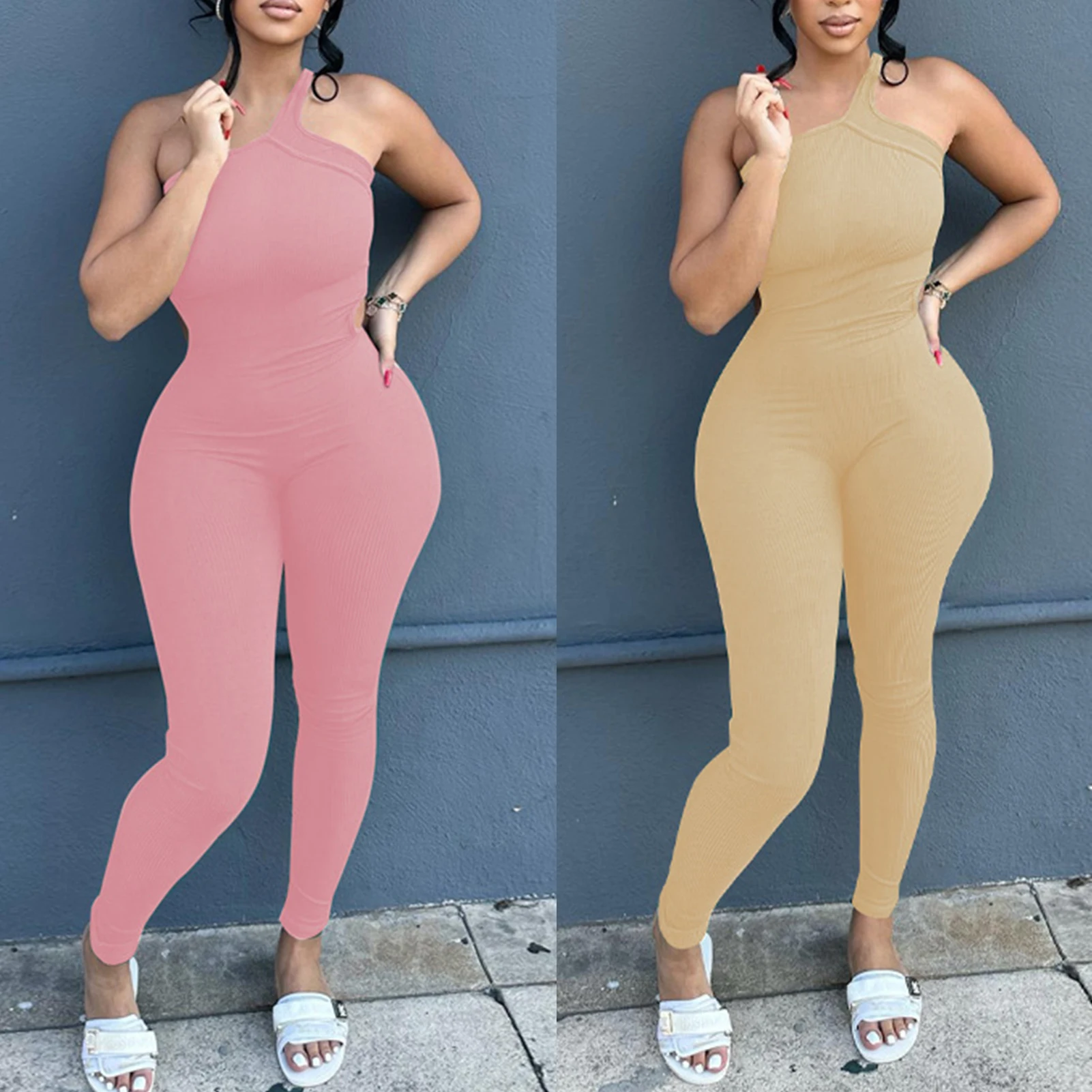 

Женские облегающие пикантные комбинезоны, спортивная одежда, Модный комбинезон для фитнеса, однотонный Повседневный эластичный трикотажный комбинезон на одно плечо для тренировок