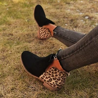 autumn women boot pu leather patchwork flock pointed toe low square heel handmade sewing retro fashion ladies shoes female 2020