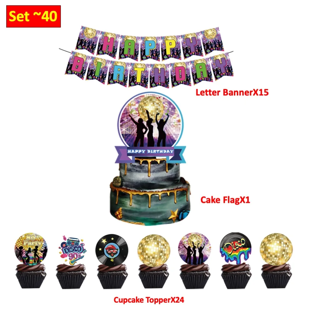 

Set 25 PCS Disco Dance Disposable Cake Topper Flag Banners For Birthday Baby Shower Wedding School Day Celebration Dinner