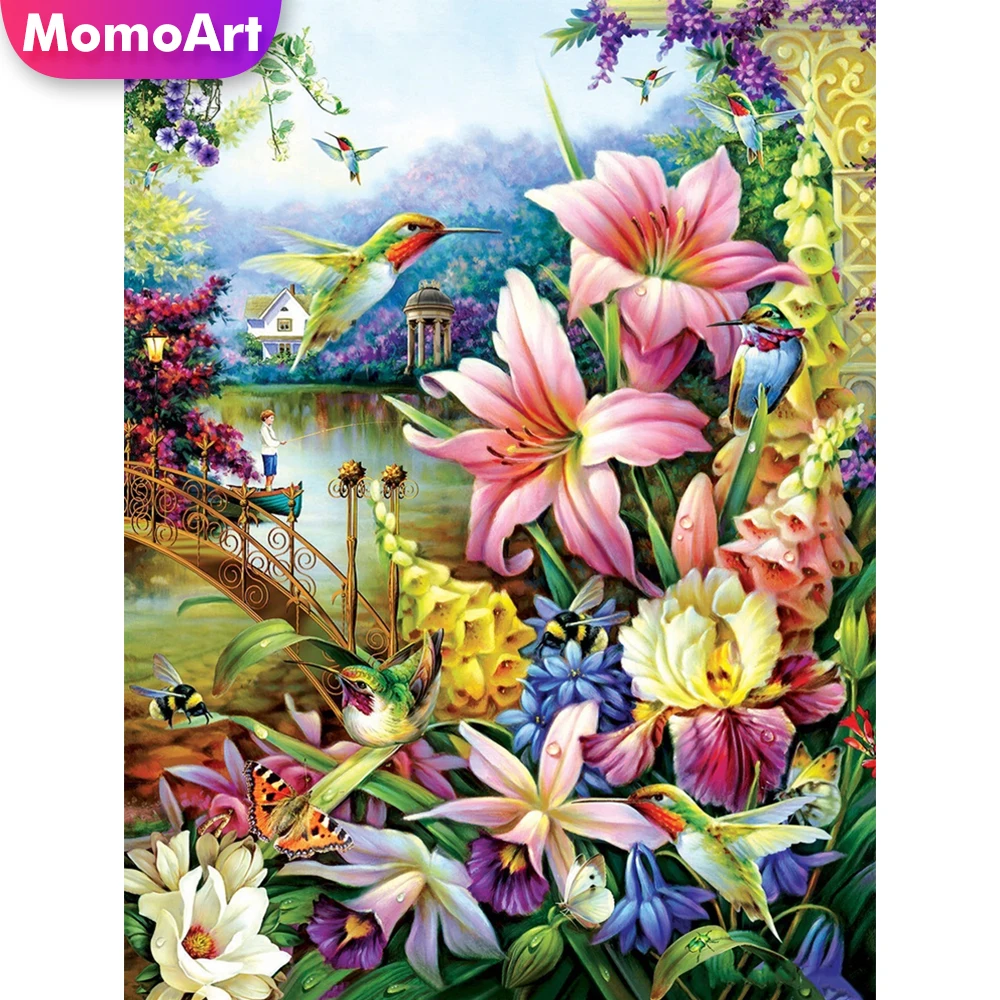 MomoArt – mosaïque de diamant avec oiseau et fleur  broderie complète de perles carrées  peinture