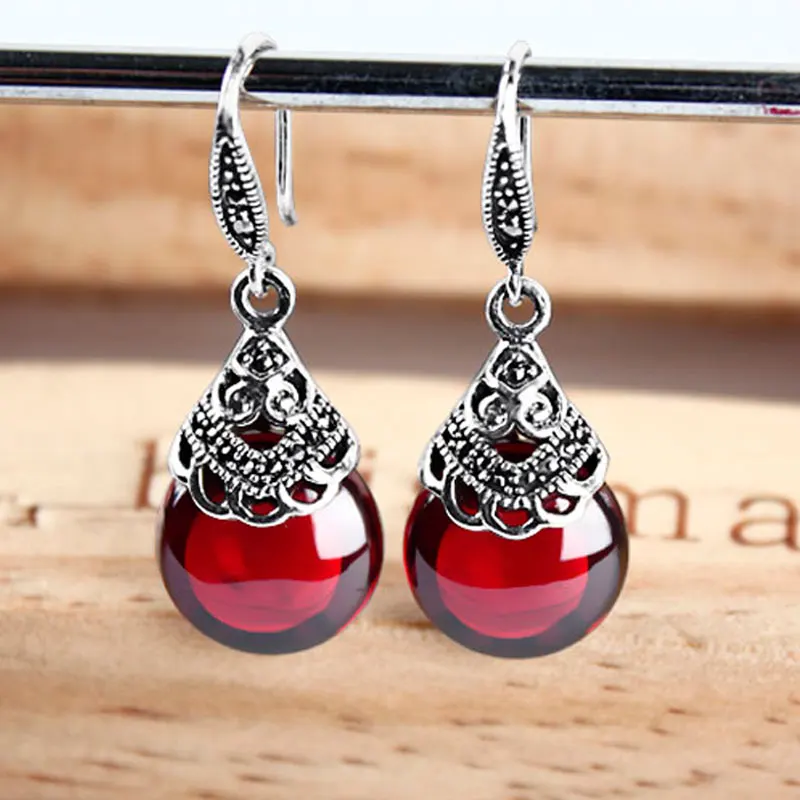 ZHJIASHUN 100% Certified Original Pure 925 Silver Woman Earrings Retro Round Natural Gemstones Garnet Piercing Earring Jewelry