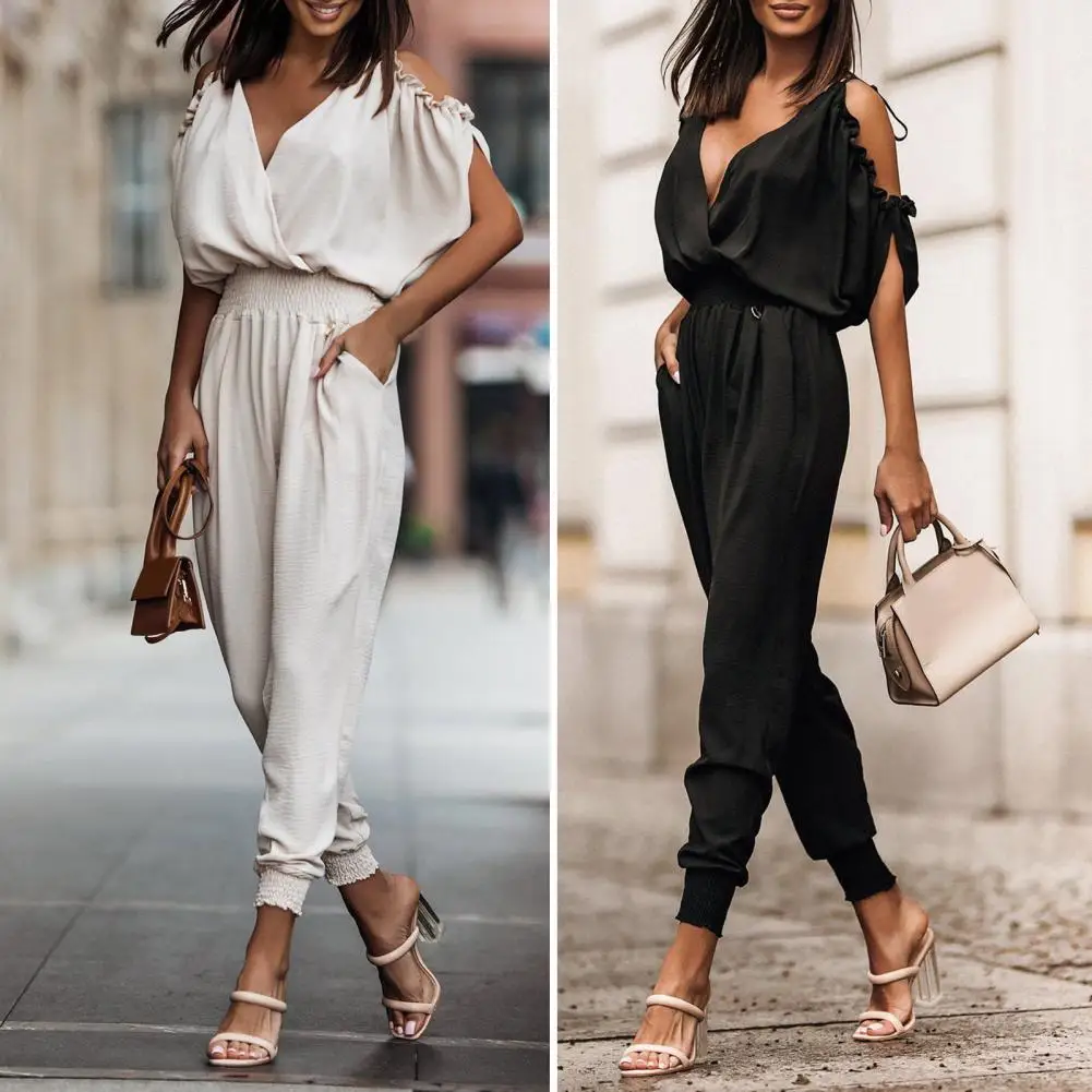 

Shirring Fabulous Stretchy Waist Lady Jumpsuit Deep Crotch Summer Jumpsuit Solid Color for Dating