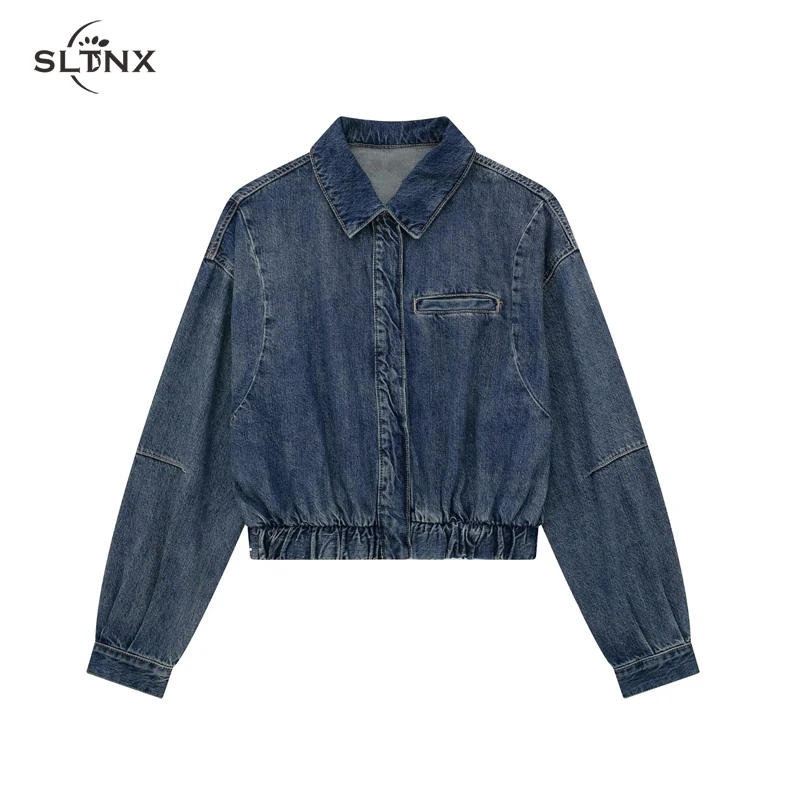 

SLTNX Fashion Denim Bomber Jackets for Women 2023 Chic Turndown Collar Coat Female Chic Single-breasted Long Sleeve Outerwear