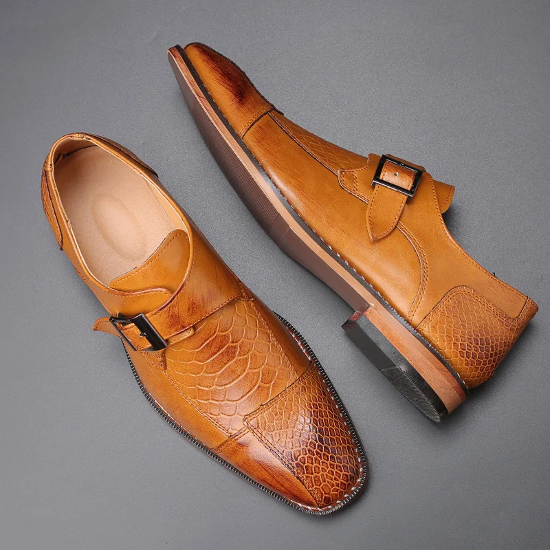 

Men's Dress Shoes Trend Pointed Toe Male Crocodile Print Leather Business Casual Monk Strap Wedding Shoes