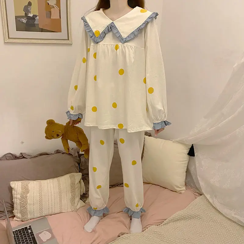 QWEEK Kawaii Pajama Womens Two Piece Sets Polka Dots Ruffles Pijamas Navy Collar Sleepwear  Loungewear Spring Autumn Pyjamas
