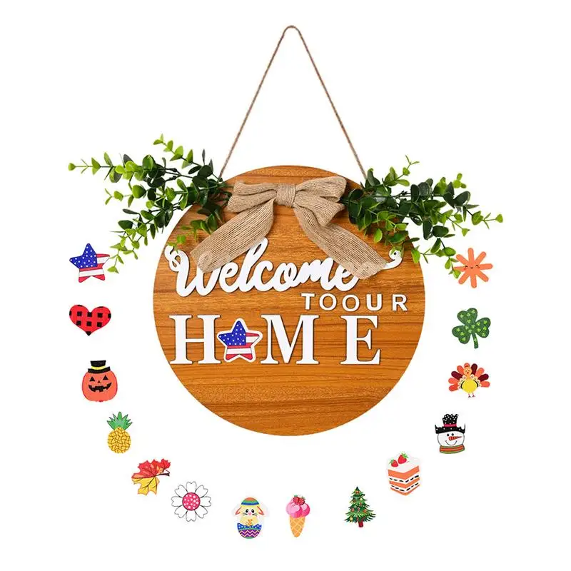 

Welcome Door Hanger Interchangeable Door Hanger With Bowknot Porch Wall Wooden Seasonal Decor In Front Of Door Country Farmhouse