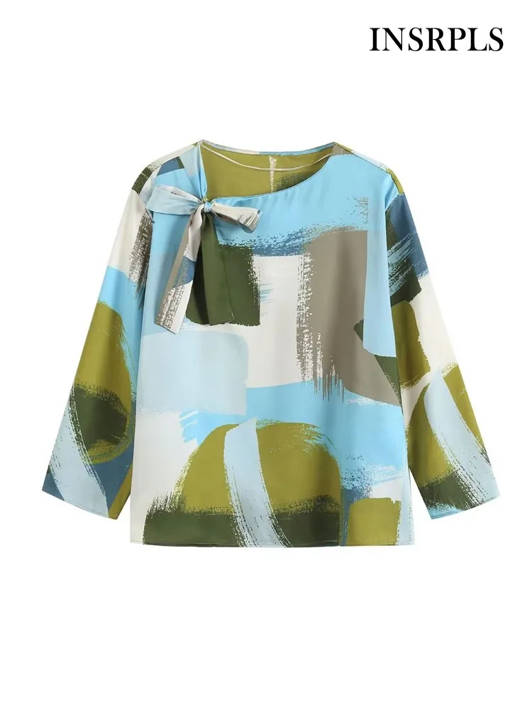 

INSRPLS Women Fashion With Bow Tied Printed Blouses Vintage O Neck Three Quarter Sleeve Female Shirts Blusas Chic Tops