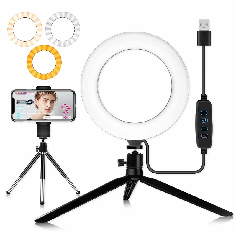 

LED Ring Light 6" with Tripod Stand for YouTube Video and Makeup, Mini LED Camera Light with Cell Phone Holder Desktop LED Lamp