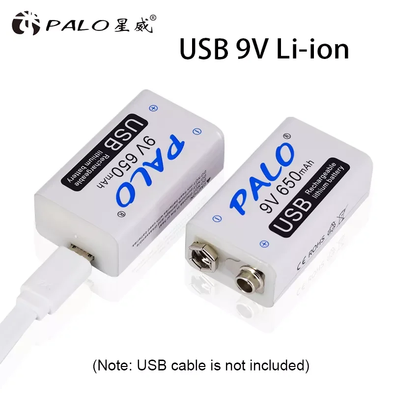 

PALO micro USB 9V 6F22 Rechargeable Li-ion Battery 9 volt lithium battery 650mAh fast charging LED display batteries