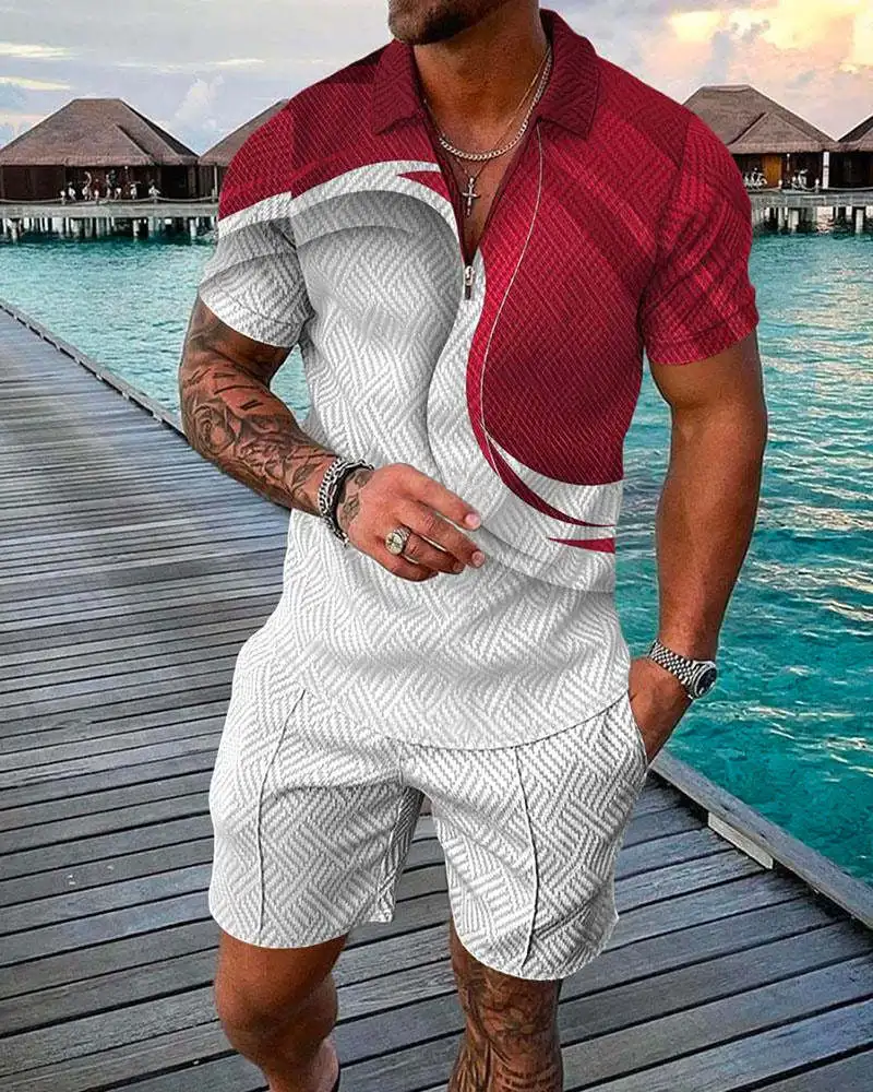 2023 Men Fashion Geometric 3D Printed Summer V-neck Zipper Short Sleeve POLO Shirt + Shorts Two-piece Men Casual Suit Oversized