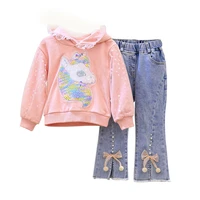 unicorn sequins children sets topsdenim pants girls cartoon hooded sweater jeans suit 2 pcs casual cowboy clothes for 2 8 years