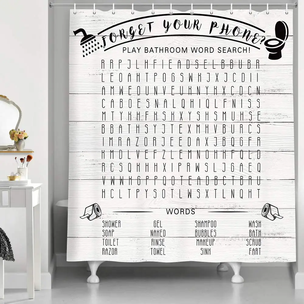 

Funny Bathroom Word Search Shower Curtain,Forget Your Phone on Retro Wooden Plank for Country Rustic Waterproof Bathroom Curtain