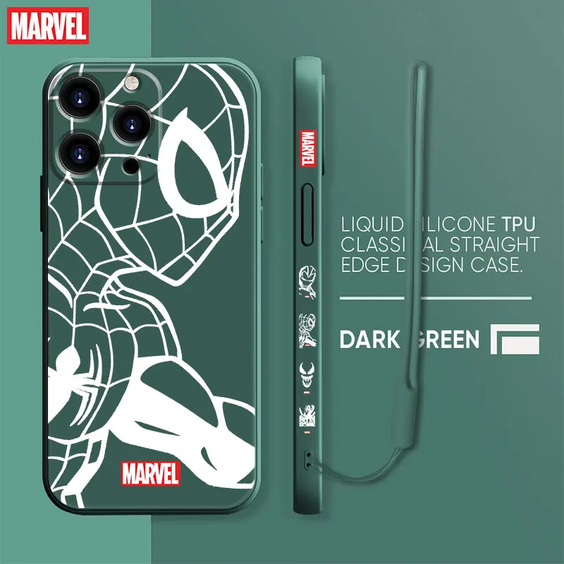 Green Liquid Cover Case for iPhone 13 12 11 14 Pro Max SE XR 7 8 Plus XS 13pro 7+ Silicone Cell Marvel Iron Man Spiderman Luxury images - 6