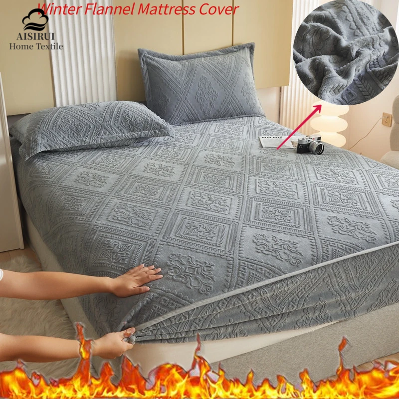 

Queen King Size Fitted Bed Nordic Bed Cover Winter Warm Milk Velvet Elastic Band Mattress Cover Protector Soft Cozy Home Decor