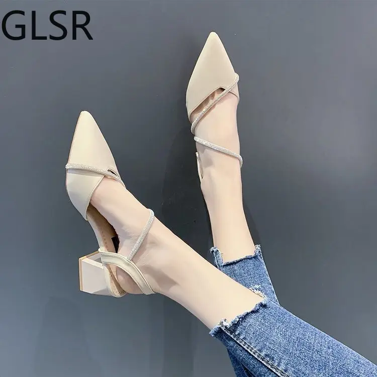 

2021 Summer Sandals Black Shoes for Women Shallow Mouth Strappy Heels All-Match Beige New Pointed Closed Fashion Sandals