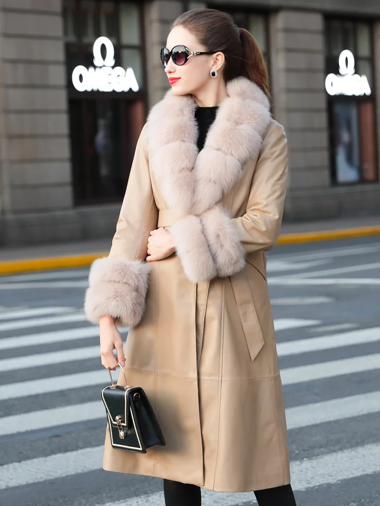 

2023Leather jacket,Long Genuine Leather Jacket Women Fox Fur Collar Women's Sheepskin Coat Korean Slim Down Jacket Female Winter