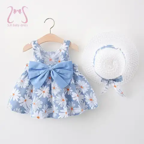 Платье с маргариткой для девочек 2 шт., летнее милое пляжное платье с бантом, Одежда для новорожденных детей от 0 до 3 лет + шапочка