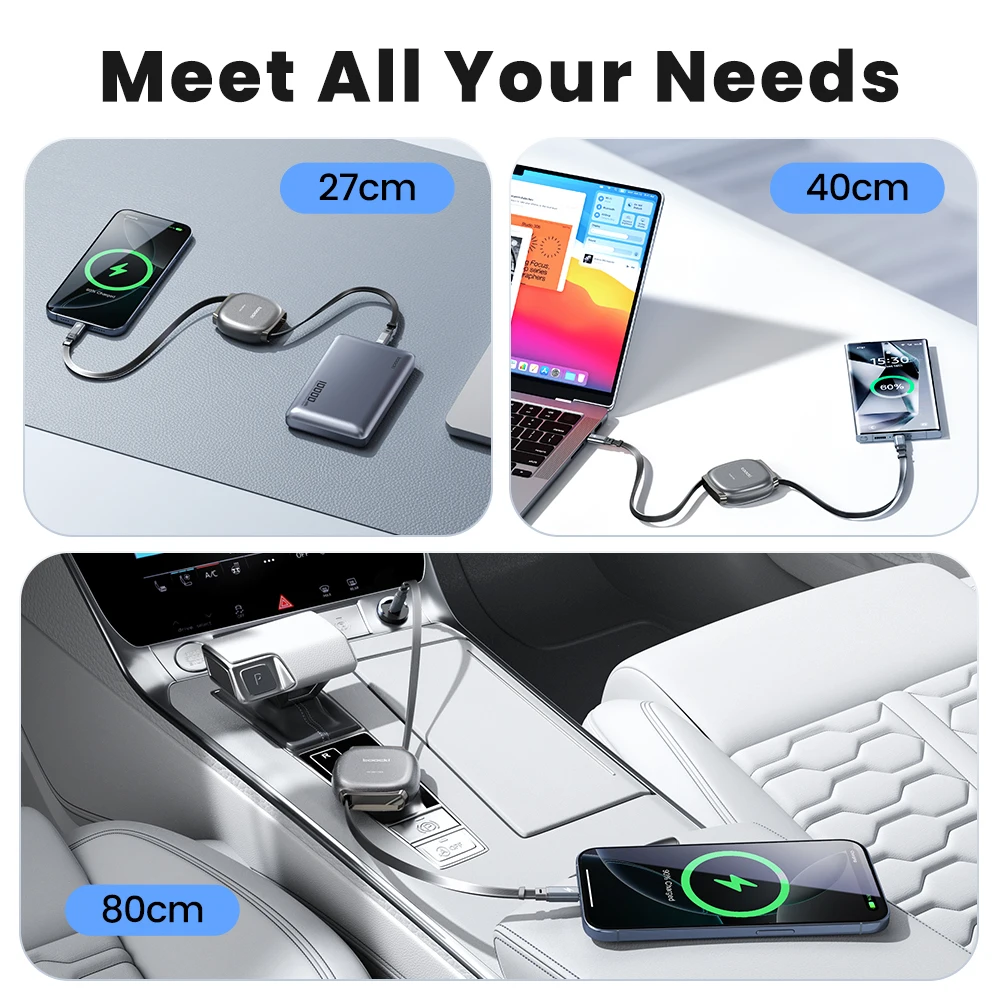 Фото Кабель Toocki 27W Smooth Retractable USB C-Lightning для быстрой зарядки iPhone 14 13 Pro Max, iPad, магнитный, плоский, из TPE, для передачи данных №5