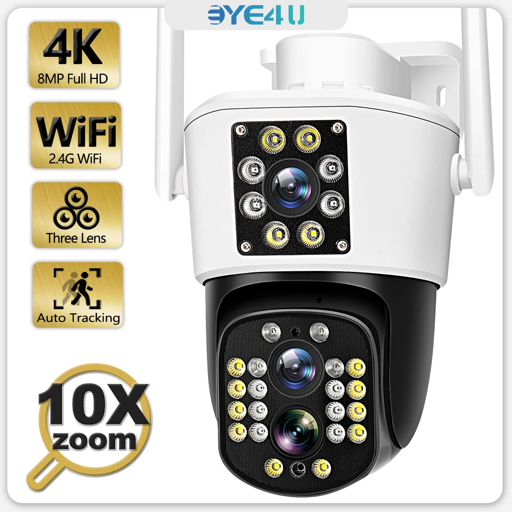 

4K 8MP Binocular IP Camera PTZ Three Lens Dual Screen 10X Zoom Video Surveillance CCTV Cam Security Protection Smart Ai Tracking