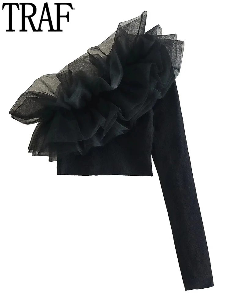 

TRAF Ruffle Black Crop Top Women Asymmetric Knit Top Female Off Shoulder Long Sleeve Autumn Blouse Woman 2022 Organza Sexy Tops