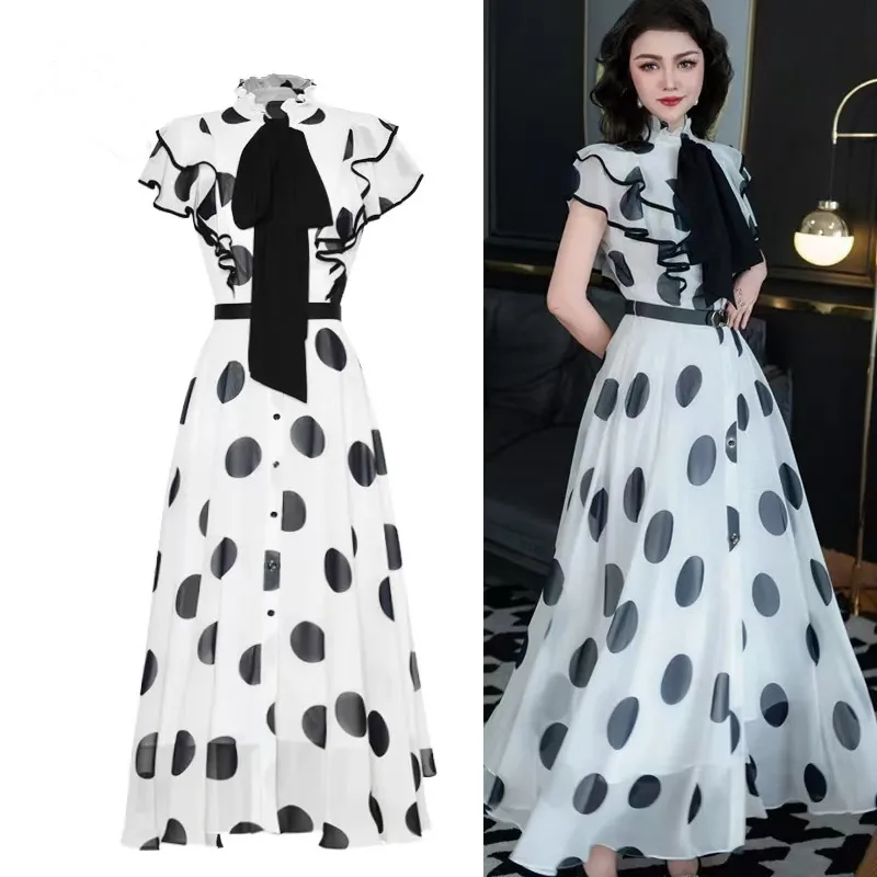 Новинка 2024 летние женские повседневные офисные платья в горошек с оборками