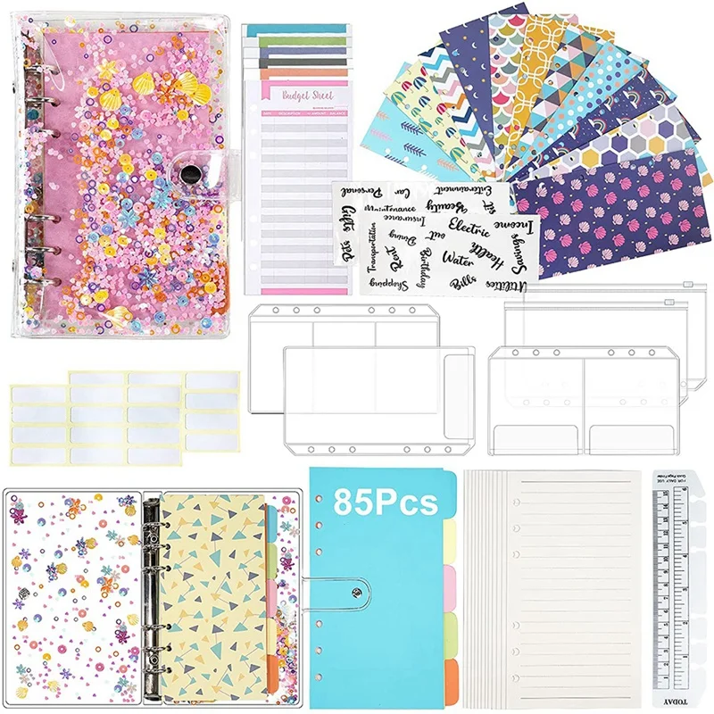 

Clear PVC A6 Budget Binder Notebook Cover, Cash Envelope Pockets, 6-Ring Binder Budget Sheet For Home School (Pink)