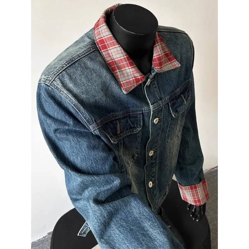 American Retro Plaid Lapel Jeans Jacket Men's Autumn Design Sense Shoulder Padded Splicing Tide