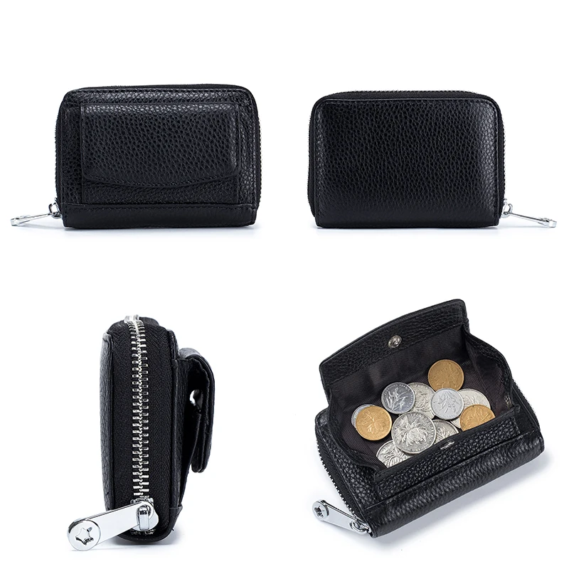 RFID Blocking Unisex Card Holder Genuine Leather Zipper Card Case with Hasp Coin Pocket Women Short Wallet Compact Change Purse
