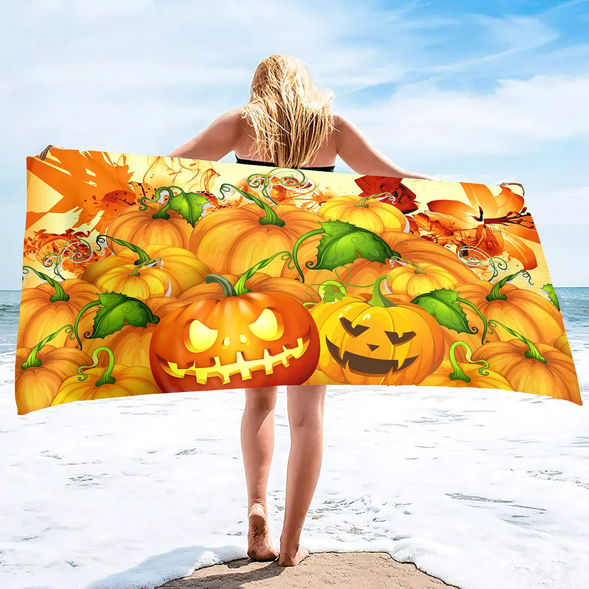 

Adults Oversized Sand Free Beach Towel Halloween Pumpkin Quick Dry Beach Towel Mens Microfiber Lightweight Travel Beach Towel