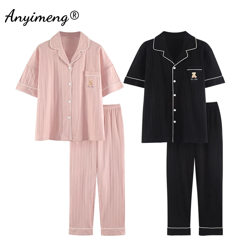 

New Summer Soft Cotton Fashion Pajamas for Couples Bear Printing Pink and Black Couple's Sleepwear Pajamas Set for Young Couple