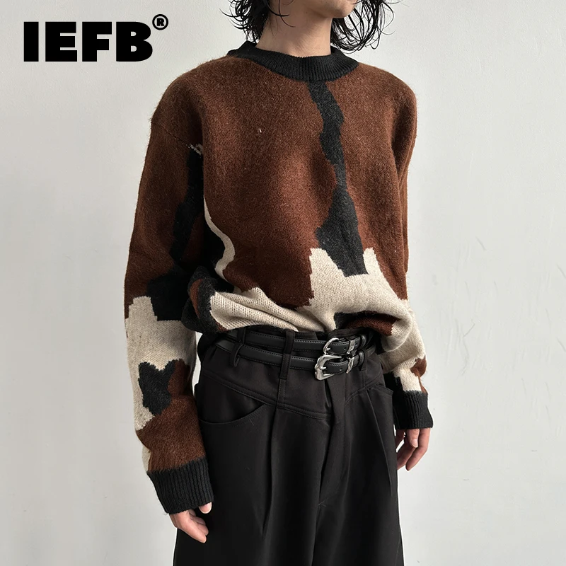 

IEFB Color Contrast Painting Men Pullover 2023 Spring Male Sweater Design Knitwear Round Neck Korean Fashion Tops New 9A6682